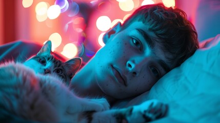 Serene Cat Nap: A peaceful tabby cat enjoys a tranquil moment of sleep, basking in a colorful, bokeh-filled atmosphere of gentle hues, capturing the essence of relaxation and calm.