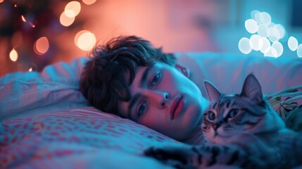 Serene Cat Nap: A peaceful tabby cat enjoys a tranquil moment of sleep, basking in a colorful, bokeh-filled atmosphere of gentle hues, capturing the essence of relaxation and calm.