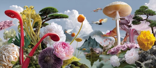 Vibrant Nature Collage with Flowers, Mushrooms, and Landscapes