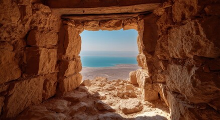 Ancient Stone Window Framing Dead Sea View