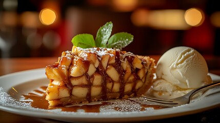 Slice of Apple Pie with Caramel Sauce and Ice Cream