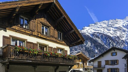 Cozy Swiss Chalet in the Mountains with Wooden Balcony and Flowers