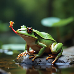 Naklejka premium A green frog on a rock in a river is looking for prey