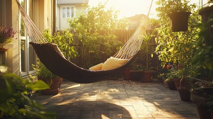 Tranquil Garden Patio with Soft Ambient Lighting and Hanging Chair
