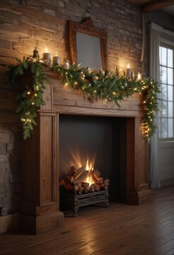 A shimmering garland draped across a rustic wooden mantelpiece ,  christmas lights,  fairy lights
