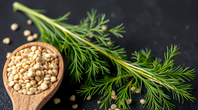 Fennel seeds in wooden spoon with fresh dill on dark background culinary herb aromatic spice ingredient - Powered by Adobe