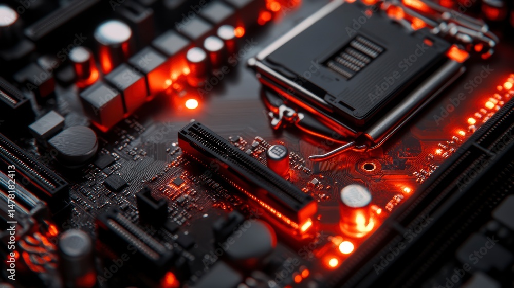 Poster Close-up of illuminated computer motherboard components.