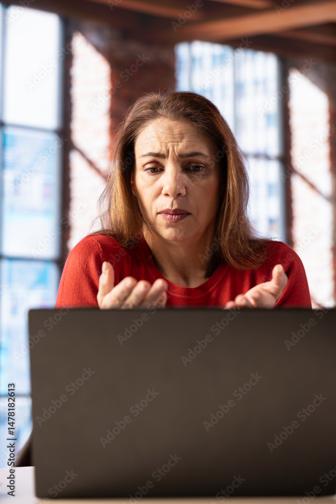 Poster mature student trying to learn a new language from her loft apartment, attending an online course le
