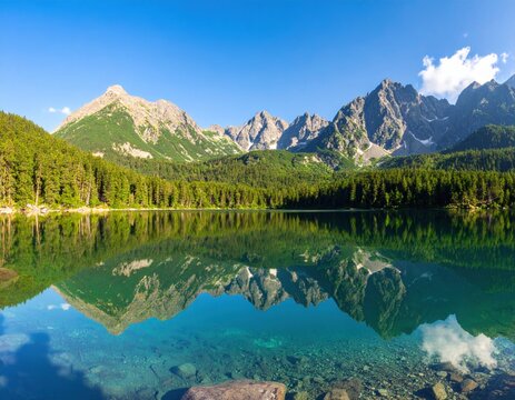 Clear lake with mountain reflections on a hot day