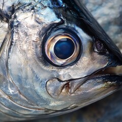closeup of mackerel with rich silver skin and delicate texture, macro fish photography