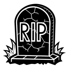 Silhouette Vector Icon of a Spooky Tombstone with RIP Text Moss Detail and Cracked Stone Texture for Halloween Graveyard Theme
RIP Tombstone Silhouette Icon, Halloween Grave Vector, Spooky Headstone G