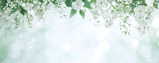 White spring flowers on blurred background with copy space. Flat lay floral border with cherry blossoms. Template for greeting card, poster. Easter, Women's Day, Mother's Day or wedding banner concept