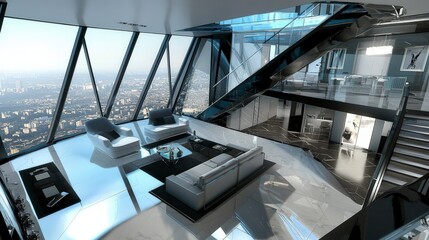 Modern Penthouse Living Room with Panoramic City Views and Sleek Design