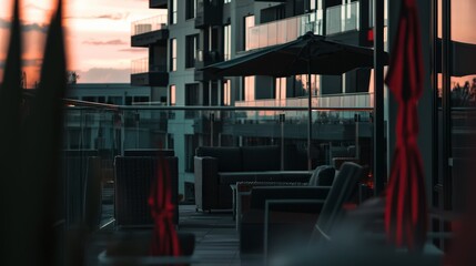 Modern Rooftop Lounge with Sleek Seating and City Skyline View