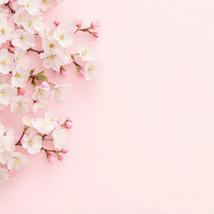 Obraz premium White spring cherry flowers on pink background with copy space. Flat lay floral border with sakura blossoms. Template for greeting card. Easter, Women's Day, Mother's Day or wedding banner concept.