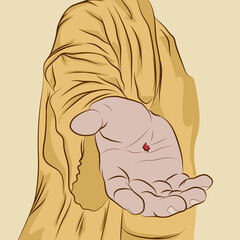 Hand of Jesus Christ with the marks of the crucifixion, sacred mantle.