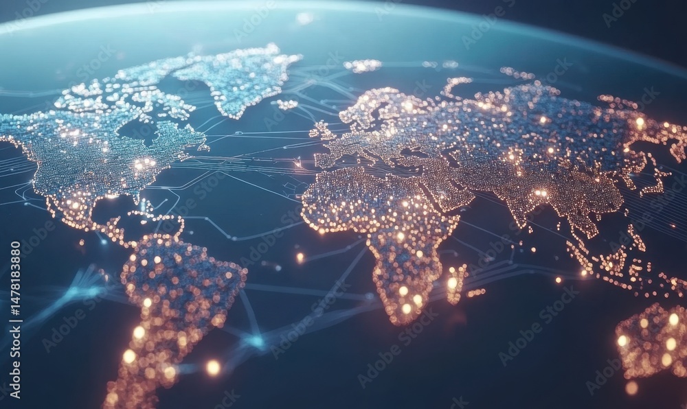 Poster abstract digital world map with circuit board lines on a blue background, representing the technolog