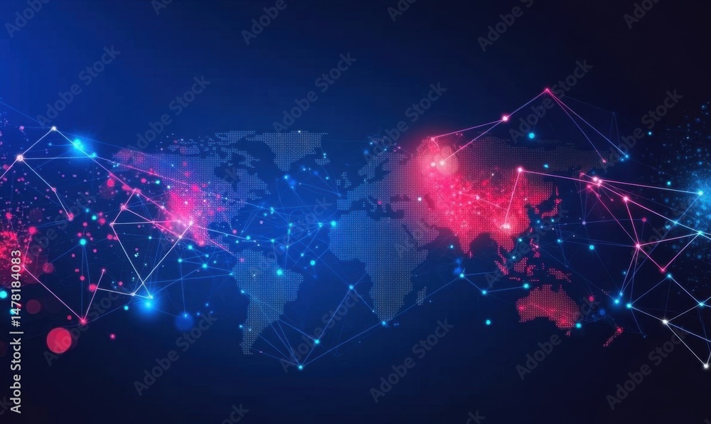 Poster digital world map made of circuit board lines and technology elements on a blue background global ne