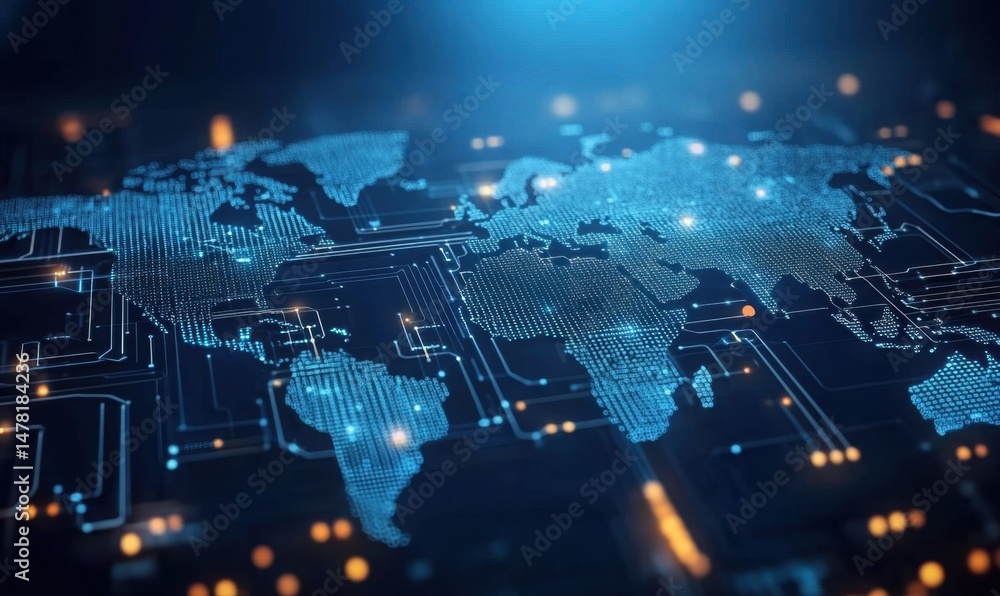 Poster digital world map with circuit board patterns and glowing connections, symbolizing global connectivi