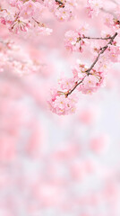 Obraz premium Pink spring cherry flowers on pink background with copy space. Flat lay floral border with sakura blossoms. Template for greeting card. Easter, Women's Day, Mother's Day or wedding banner concept. 