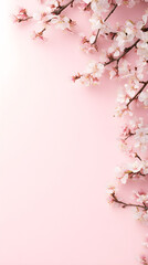 Fototapeta premium White spring cherry flowers on pink background with copy space. Flat lay floral border with sakura blossoms. Template for greeting card. Easter, Women's Day, Mother's Day or wedding banner concept. 