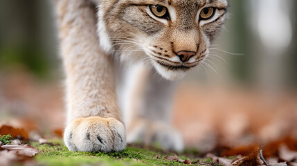 Obraz premium Lynx stepping silently across forest floor in close detail