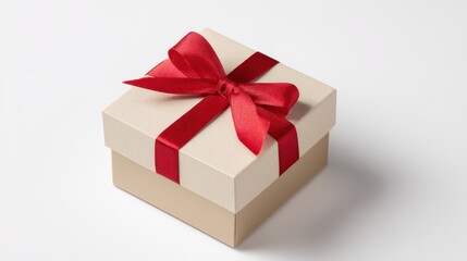 Obraz premium Elegant gift box with red ribbon and bow on a clean white background, perfect for holidays, birthdays, and special occasions in stock photography