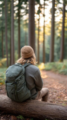 Fototapeta premium Eco-friendly hiking with solar backpack in forest: sustainable travel adventure