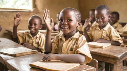 African Students in Rural Classroom Eagerly Raising Hands to Answer