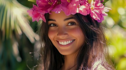 Naklejka premium Radiant Beauty: A Tropical Portrait of a Smiling Woman Adorned with a Flower Crown