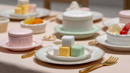 whimsical display of colorful childrens desserts featuring mini cakes cupcakes and fruit salads styled in essence