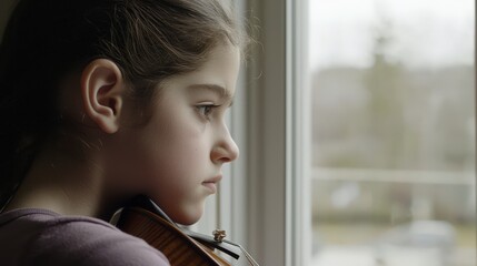 Young Violinist Practicing by a Window Bathed in Soft Sunlight