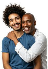 Obraz premium A Happy Moment: Two Young Men Embracing Each Other with Joyful Expressions, Captured in a Studio Setting with transparent background