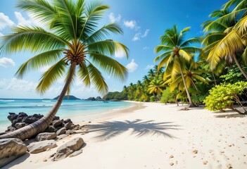 Tropical beach with palm trees and clear blue water under a bright sunny sky