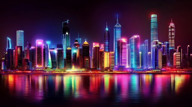 Vibrant Night Skyline with Colorful Reflections on Water Surface