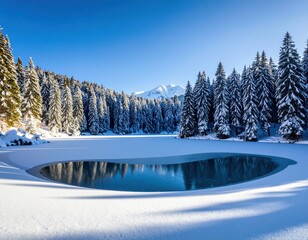 Frozen lake surface with snow-covered pine trees around