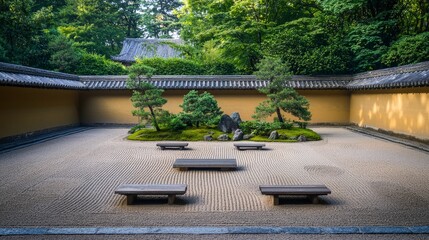 Serene Meditation Garden with Raked Gravel and Bonsai Trees