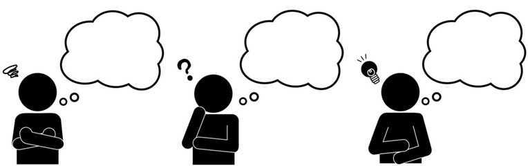悩む、考える、ひらめく人のピクトグラムセット　吹き出し付き