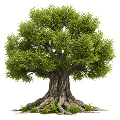 Majestic Oak Tree with Lush Green Foliage and Exposed Roots Isolated on White Background Perfect for Nature Designs