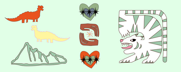 cute, retro, Asian, vintage, sticker, tiger, dinosaur, mountain, heart, magic