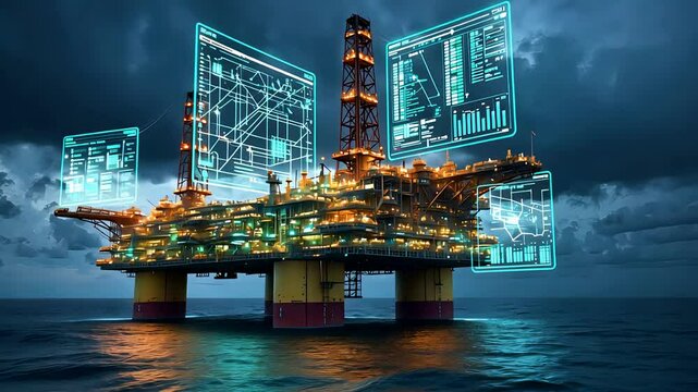 Offshore Oil Rig with Digital Interface Holograms in Ocean at Dusk - Powered by Adobe