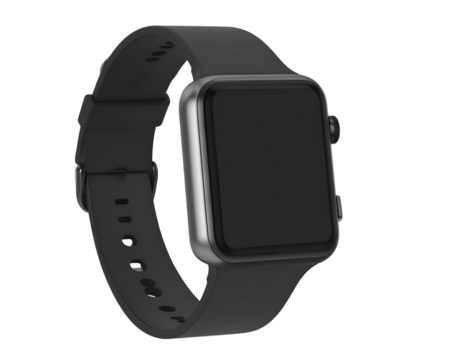 wrist smart watch mockup with black strap, png file of isolated cutout object with shadow on transparent background.
