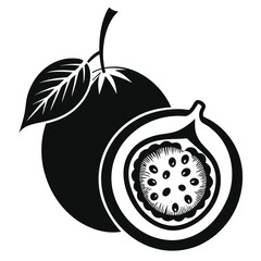 Passion Fruit Monochrome Illustration Whole Fruit with Leaf and Detailed Section View