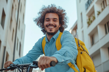 A smiling man with curly hair and a blue shirt rides an electric scooter through the city,