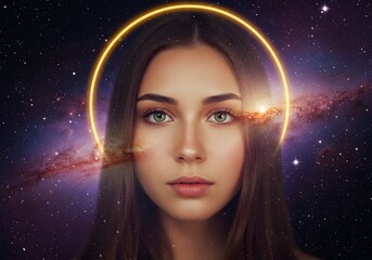 Surreal Portrait of a Woman with Space Halo, Cosmos, Galaxy Background.