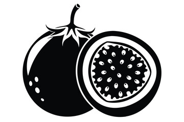 Graphic Illustration of Passion Fruit, Whole and Halved, Seeds Exposed, in Black Color