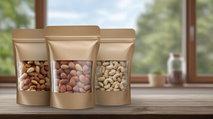 Three packages of assorted nuts in transparent windows, displayed on a wooden table with a blurred background of a bright kitchen, showcasing healthy snack options and natural ingredients