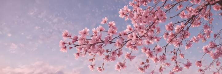 Fototapeta premium Floating pink sakura petals against a blurry pastel sky , whimsical, bloom