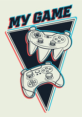 Gamepad poster with text My game. Linear illustration game pad on triangle background. Video game. Gaming tee design