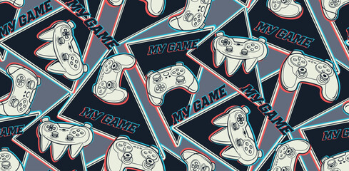 Abstract seamless pattern with game joysticks on geometric background. Linear gamepad pattern. Gaming print for sport textile, wrapping paper. © Kseniia Koval